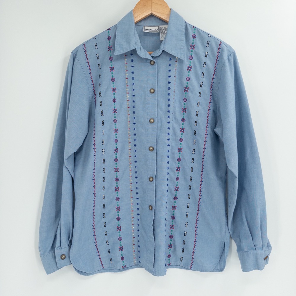 Vintage 90s Embroidered Button Down Women S Blue Granny Retro Folk Cottage Boho